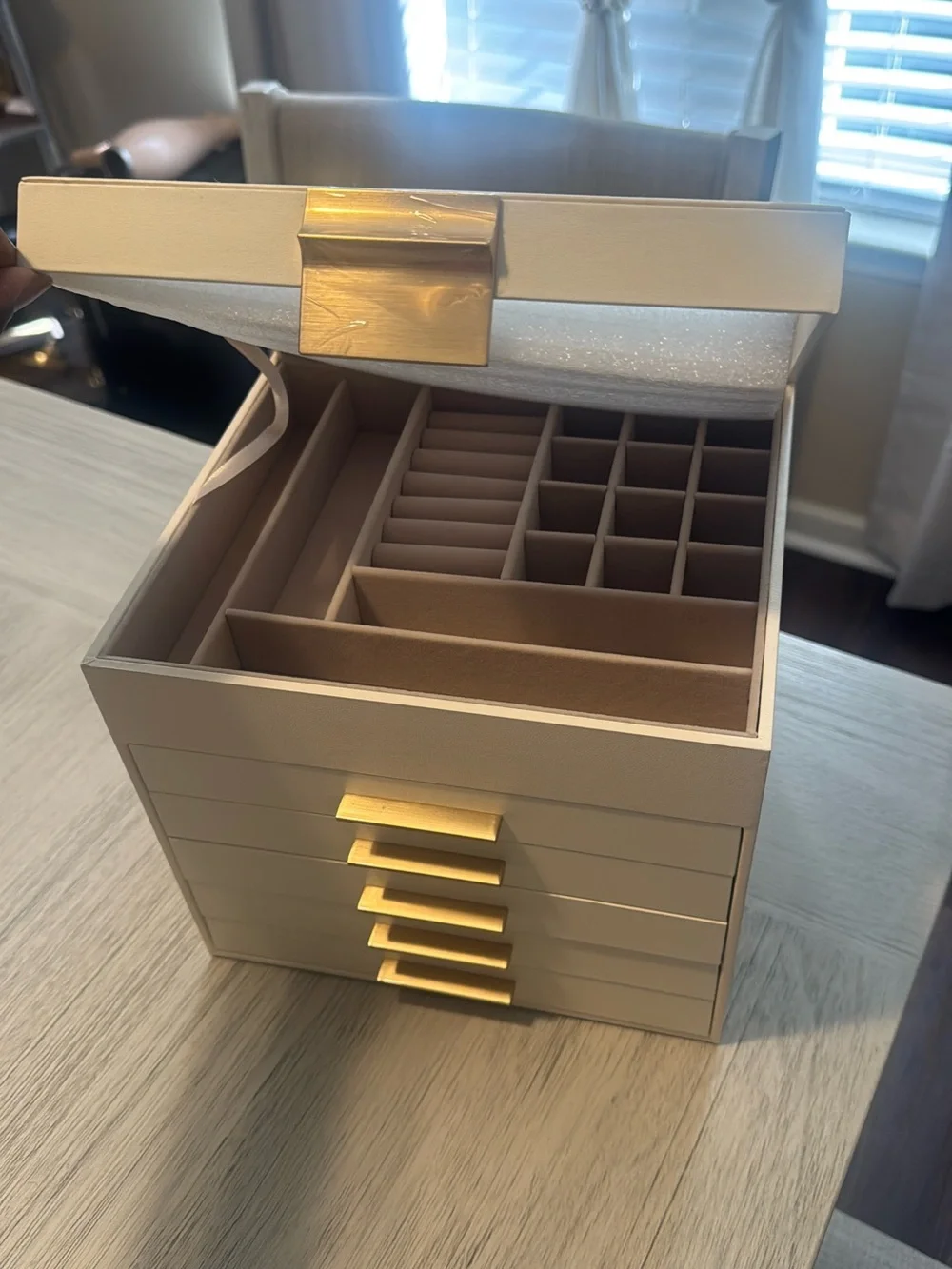 Cream Jewelry Organizer Box with Gold Accents - Luxury Multi-Drawer Storage